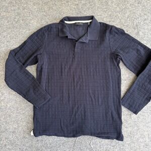 Ted Baker Polo Shirt Mens Medium (3) Navy Blue Check Textured Long Sleeve Casual